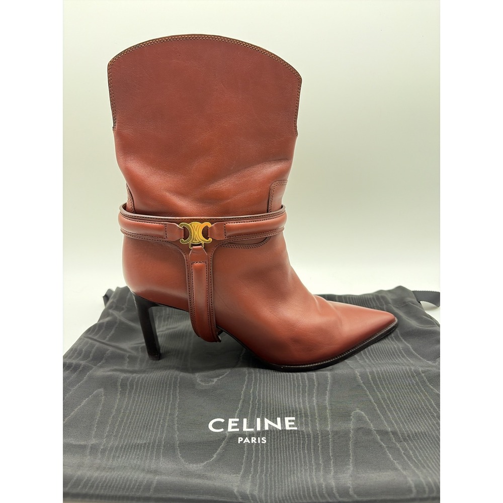 Celine Mahogany Leather Triomphe Ankle Boots Pointed Toe Stiletto DY 1202 41 - Picture 1 of 10
